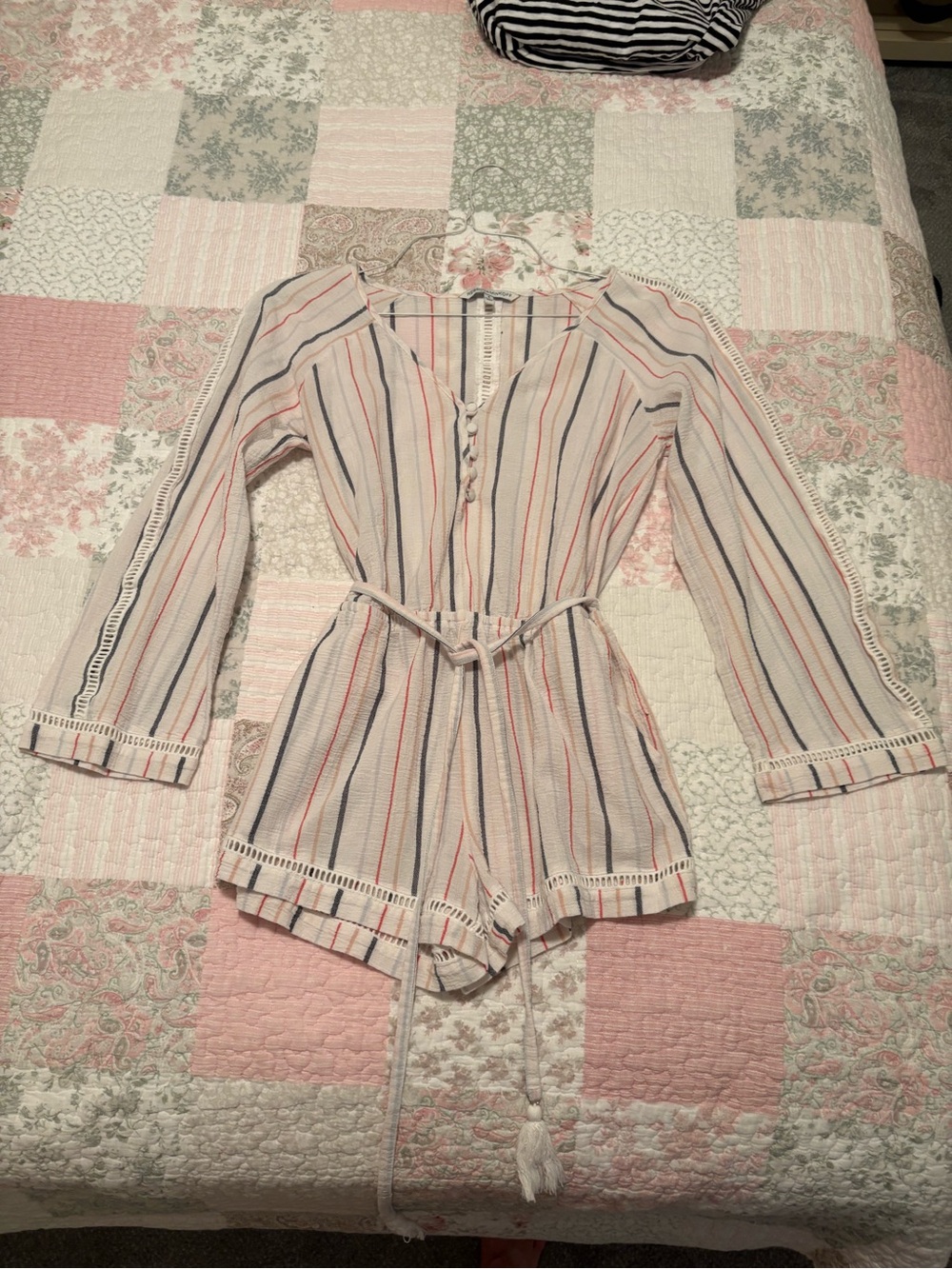 Rebecca Minkoff Striped Cream Romper with Blue and Red Accents
